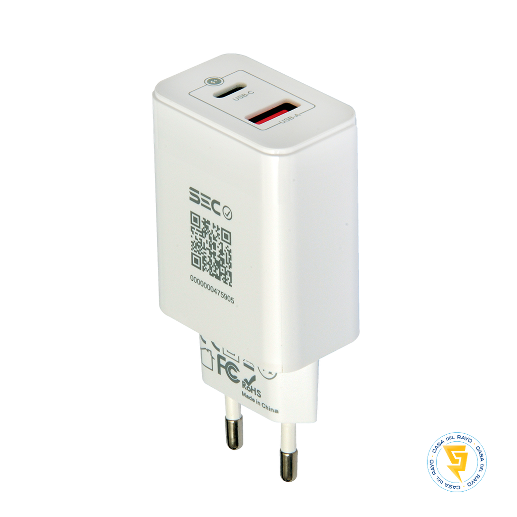 CARGADOR DE PARED ENTRADA DOBLE USB-C + USB-A 45W TECMASTER