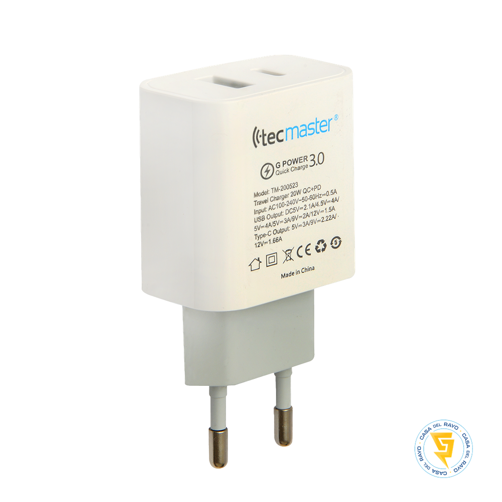 CARGADOR DE PARED DOS PUERTOS USB-C + USB-A TECMASTER