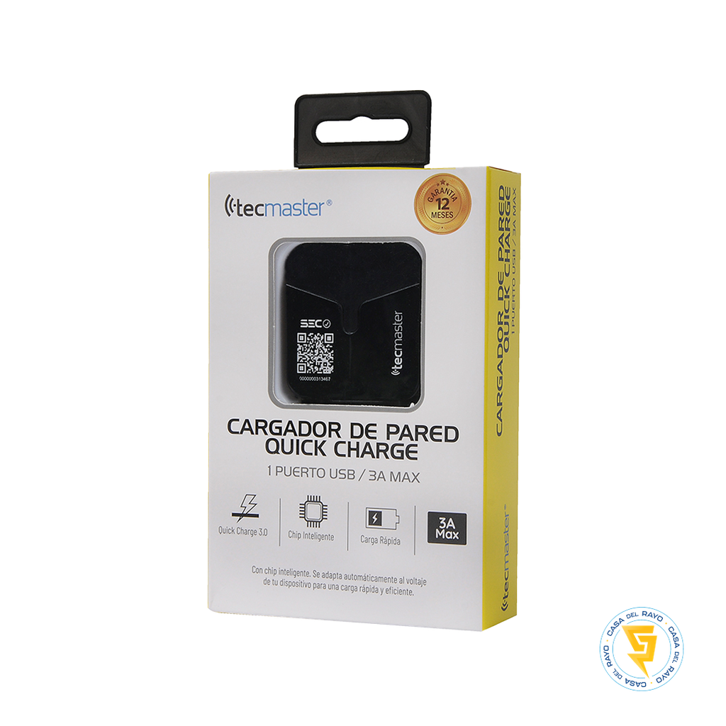 CARGADOR DE PARED USB 3A QUICK CHARGE TECMASTER