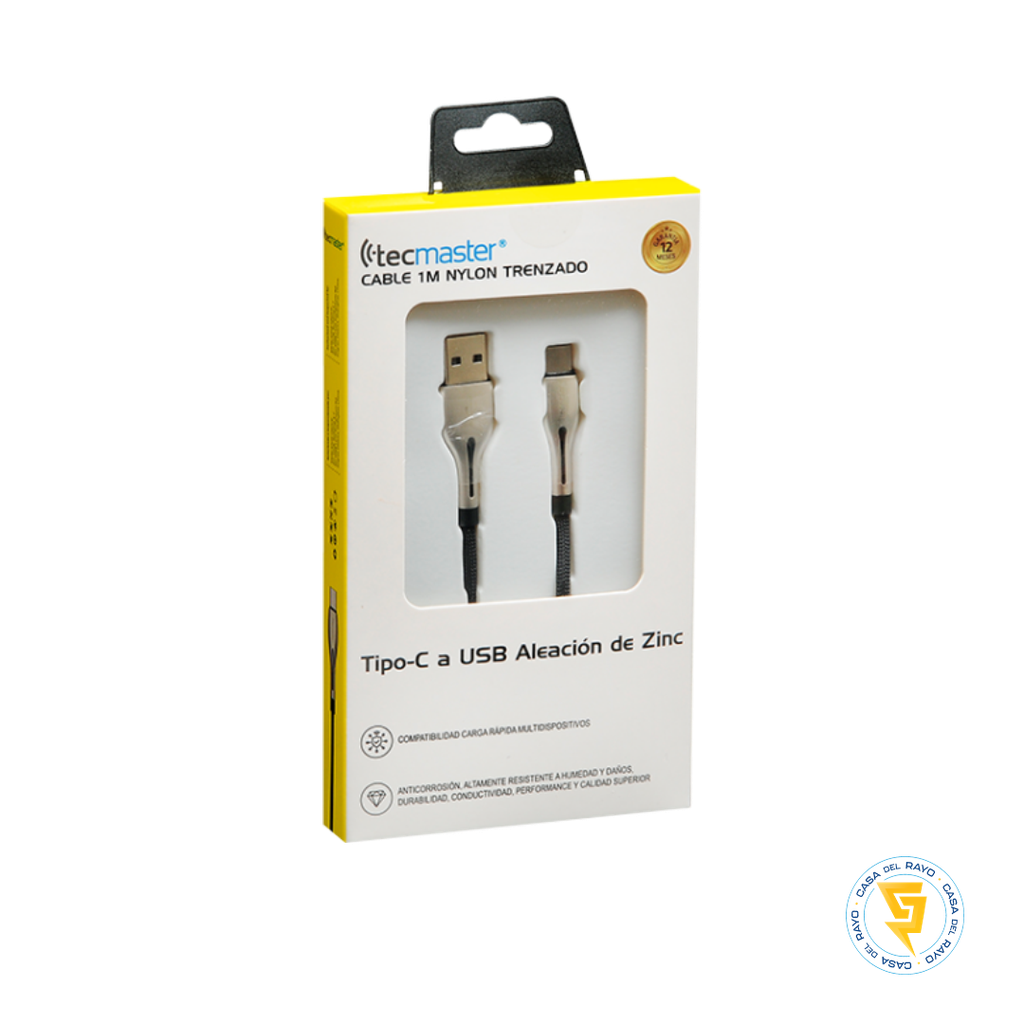 TECMASTER CABLE NYLON TRENZADO USB TIPO USB-C 1M 3.1A ALEACIÓN DE ZINC