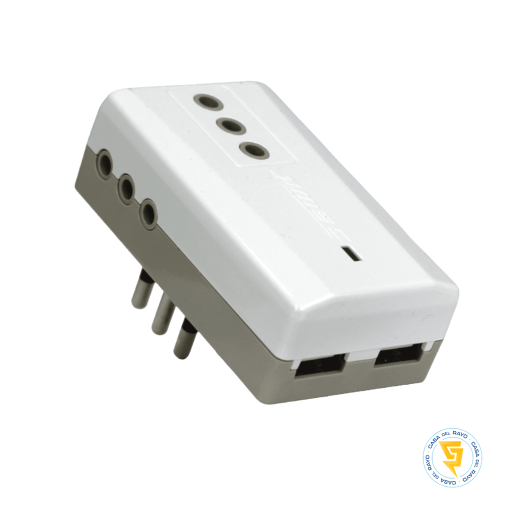 MACHO ADAPTADOR TRIPLE 10A + 2 PUERTOS USB 2.4A CON LUZ PILOTO MEC
