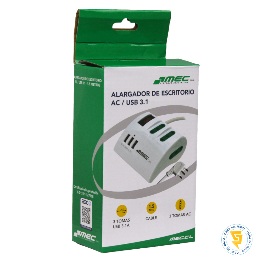ALARGADOR MULTIPLE  1.5M 2P+T 10A USB 3.1 BLANCO MEC