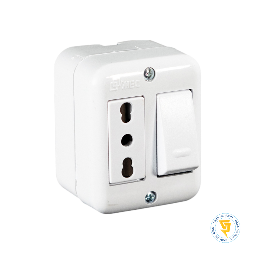 INTERRUPTOR 9/12 + ENCHUFE HEMBRA SENCILLO 10/16A SOBREPUESTO ARIS BLANCO MEC