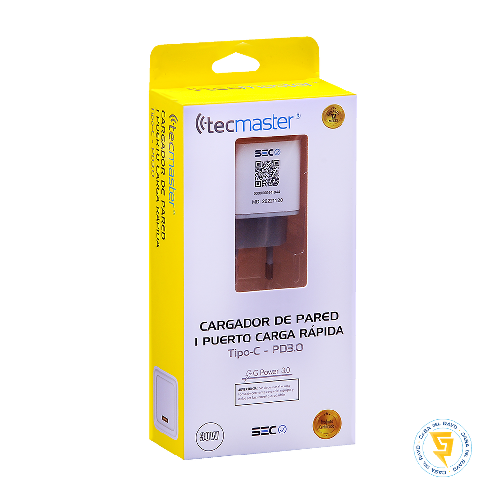CARGADOR DE PARED TIPO-C PD3.0 30W TECMASTER