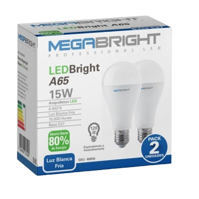 PACK 2 UNIDADES AMPOLLETAS LED 15W/120W 6.400K MEGABRIGHT