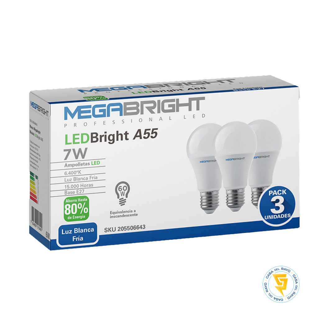 PACK TRES AMPOLLETAS LED A60 7W/50W 6.400K E27 MEGABRIGHT