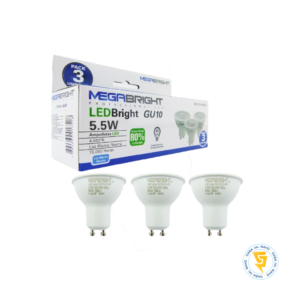 PACK 3 AMPOLLETAS LED GU10 5.5W 4000K° MEGABRIGHT