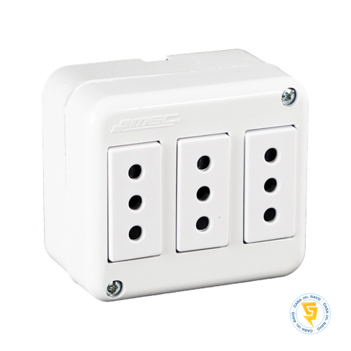 [0200TA0543] ENCHUFE HEMBRA TRIPLE SOBREPUESTO 2P+T 10A  ARIS BLANCO MEC