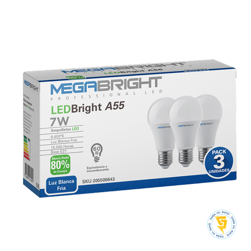[205506643] PACK TRES AMPOLLETAS LED A60 7W/50W 6.400K E27 MEGABRIGHT