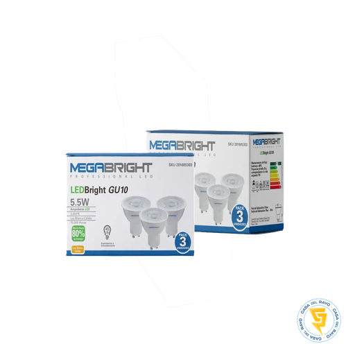 [201605303] PACK 3 AMPOLLETAS LED GU10 5.5W 3000K° MEGABRIGHT