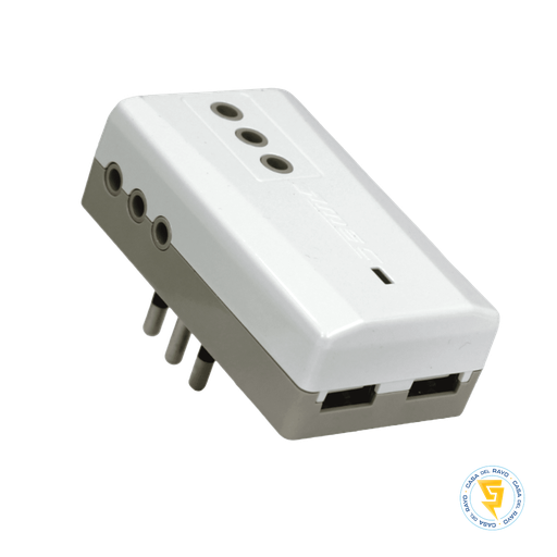 [0300MD0222] MACHO ADAPTADOR TRIPLE 10A + 2 PUERTOS USB 2.4A CON LUZ PILOTO MEC