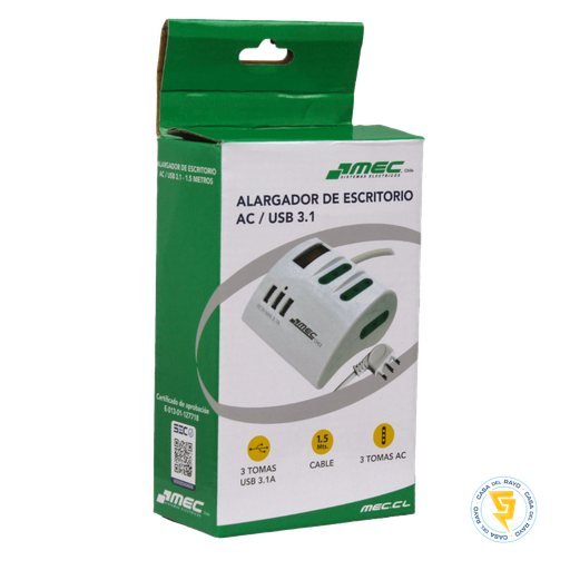 [0700EE4306] ALARGADOR MULTIPLE  1.5M 2P+T 10A USB 3.1 BLANCO MEC